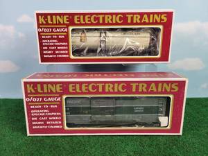 lot 325 image: (2) K-LINE OO27 Scale Rail Cars - Bakers Chocolate Tank Car & Union Pacific Boxcar