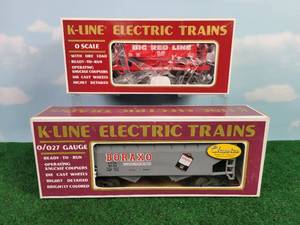 lot 328 image: (2) K-LINE OO27 Scale Rail Cars - BORAXO Covered Hopper & OL&B KCC Collectors Club Car