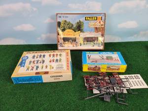 lot 414 image: Vintage Plasticville Citizens, FALLER Carnival Booth (Sealed) and AHM Crossing Gate Set