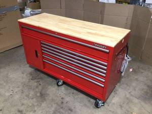 Husky 61 in. W x 22.1 in D Standard Duty 7-Drawer 1-Door Mobile Workbench Tool Chest with Solid Wood Top in Gloss Red