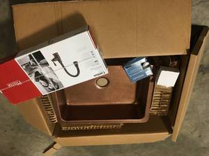 Sinkology Ganku All-in-One Farmhouse Solid Copper 33 in. Single Bowl Kitchen Sink with Pfister Faucet and Disposal Drain in Bronze open box review pictures
