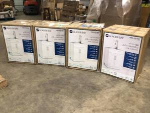 lot 7 image: Lot of 4 Glacier Bay All-in-One Stainless Steel 24 in Laundry Sink with Faucet and Storage Cabinet in White Original Customer Returns See Pics