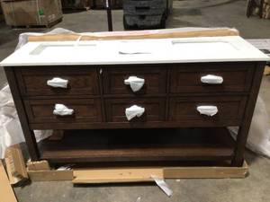 lot 18 image: Home Decorators Collection Tolbrook 60in. W x 22 in. D x 34 12 in. H Vanity in Brown Oak with Engineered Carrara Marble Top and White Sinks