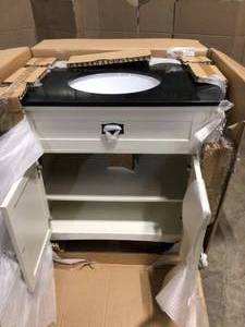 lot 22 image: Home Decorators Collection Artisan 33 in. W Vanity in White with Marble Vanity Top in Natural Black with White Sink
