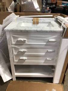 lot 23 image: Home Decorators Collection Everett 31 in. W x 22 in. D Vanity Cabinet in White with Carrara Marble Vanity Top in White with White Basin