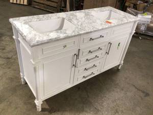 lot 27 image: Home Decorators Collection Aberdeen 60 in. W x 22 in. D x 34.5 in. H Bath Vanity in White Carrara Marble Top Customer returns have damage see Pics