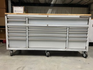 lot 1 image: HUSKY - 72 in. x 24 in. D Standard Duty 18-Drawer Mobile Workbench Tool Chest with Solid Wood Top in Stainless Steel