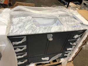 lot 11 image: Home Decorators Collection Merryfield 49 in. W x 22 in. D Bath Vanity in Dark Blue-Gray with Marble Vanity Top in Carrara White with White Basin damaged top review pictures