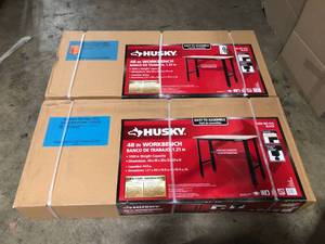 lot 22 image: Lot of 2 Husky 4 ft. Solid Wood Top Workbench in Black not used