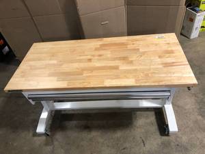lot 25 image: Husky52 in. W x 24 in. D Steel 2-Drawer Adjustable Height Solid Wood Top Workbench Table in White review pictures