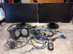 lot 492 image: Flat Screen large Monitors (2) and more Dell. Asus, Speakers.