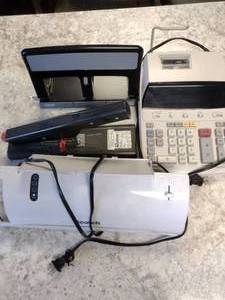 lot 493 image: Office Tools Stapler, laminator, Printing Calculator and 3 hole punch.