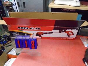 New Toolman 20 volt cordless weed trimmer with battery & charger. Was a trade show display. As shown.