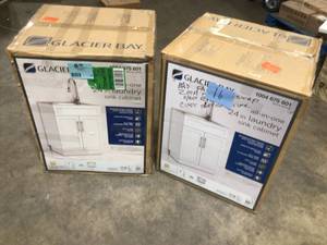lot 16 image: Lot of 2 Glacier Bay All-in-One Stainless Steel 24 in Laundry Sink with Faucet and Storage Cabinet in White review ictures customer returns