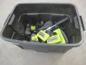 Bin of Ryobi Power Tool Items - Batteries, Chargers, Etc.