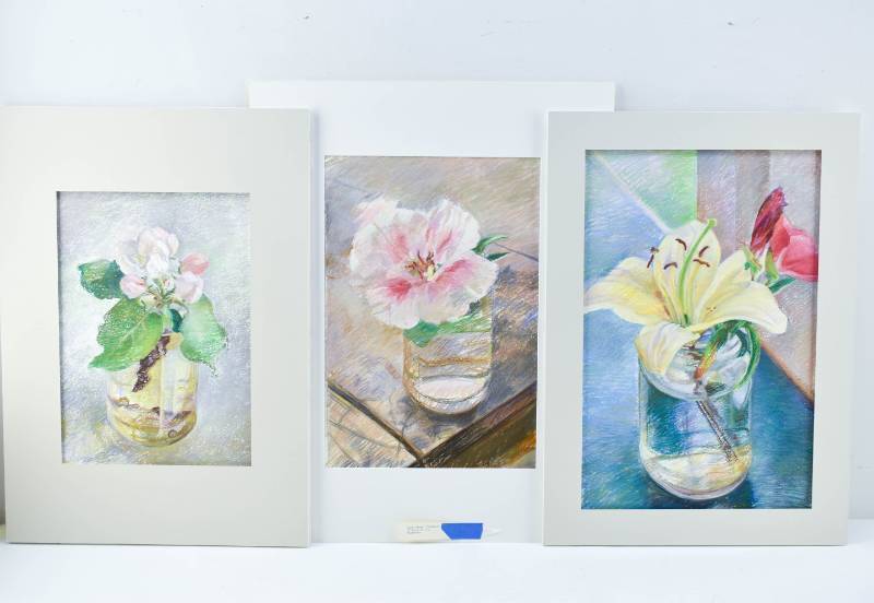lot 210 image: Set of 3 Still Life Floral Original Pastel Works by Laura Stone