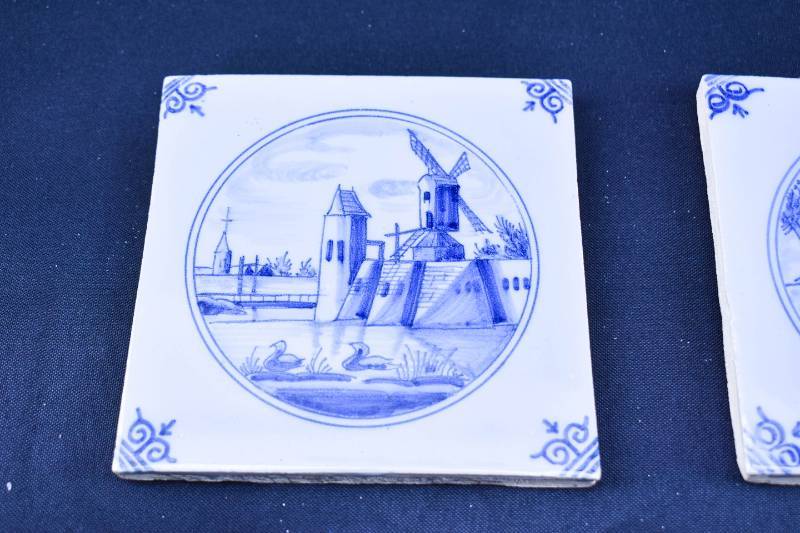 lot 253 image: 7 Vintage Dutch Delft Blue Tiles w Unknown Mark