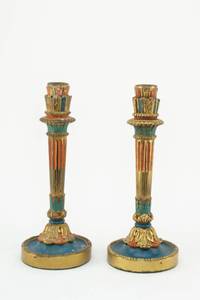lot 140 image: Vintage Pair Polychrome Gilt Ceramic Candlesticks