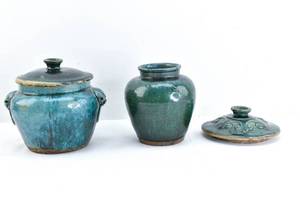 lot 77 image: 2 Blue Green Ceramic Vessels w lid - Antique Chinese or South East Asian