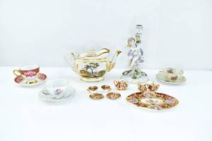 lot 46 image: European Porcelain Items - Sitzendorf Candle Holder, Teapot, Teacups, Mini Tea Set