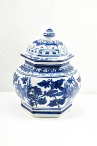 lot 57 image: Blue and White Lidded Vessel, Rounded Hexagon