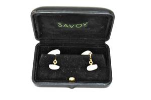 lot 35 image: Beautiful Pearl Cufflinks with Gold Chain Posts Stamped 14K