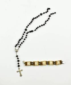 lot 2 image: Garnet Rosary Necklace with 800 Silver Cross & Carved Antler Bracelet