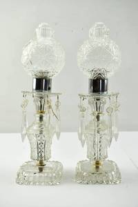 lot 139 image: Pair of Glass Oil Lamps with Hanging Prisms