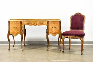 lot 157 image: French Reproduction Inlaid Desk w Similar Upholstered Chair