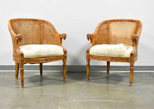 lot 163 image: Pair of Caned Barrel Chairs with Rams Head Arms