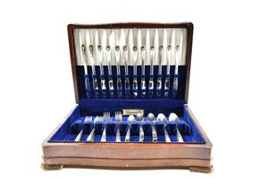 lot 98 image: Oneida Community Ltd. 74 pc. Milady Pattern Silver Flatware Set and Box