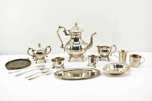 lot 147 image: 18 pc. Silverplate Collection, Sheridan Silver on Copper Tea Set, WMF Beehive Plate, More