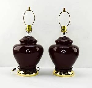 lot 151 image: Pair of Burgundy & Gold Lamps w Ribbed Shades