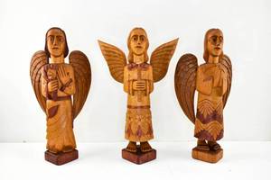 lot 153 image: 3 Hand Carved Wood Angel Figures from Brazil, Signed