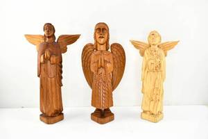 lot 154 image: 3 Brazilian Hand Carved Wood Angel Figures, Signed