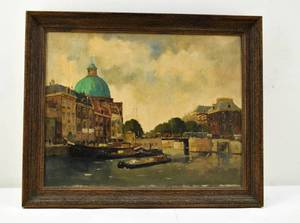 lot 119 image: Signed Vintage Original Oil of Canvas Painting of Amsterdam