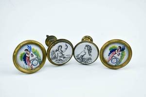 lot 188 image: Set of 4 Vintage Drawer Pulls with Illustrated Knobs