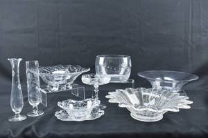 lot 242 image: Group of Nine Etched and Decorative Glassware