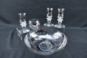lot 243 image: 5 pc. Set of Partylite Mosaic Stained Glassware Hand Painted