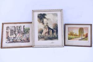 lot 360 image: Group of 3 Framed Artworks, 2 Watercolors and 1 LIthograph, early 20th century