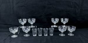 lot 402 image: Etched Grapevine Design Coupes & Shooter Glasses