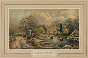 lot 121 image: Unusual Antique Currier & Ives Early Winter Framed Print
