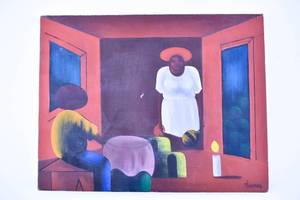 lot 332 image: Canvas Painting of Woman in Adobe, Signed Thomas
