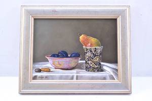 lot 328 image: Thomas Olson Plums, Bowl, Pear, Cup Original Still Life Oil on Canvas Painting