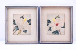 lot 337 image: Pair of Watercolor and Pencil Illustrations of White Hawaiian Hibiscus Flowers