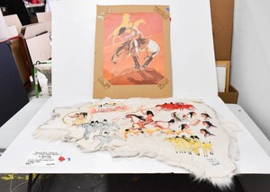 lot 112 image: Paha Ska Black Elk Vision of the Horse Dance Nation Animal Pelt Ink Illustration and Signed Offset Lithograph Print of Horse Rider