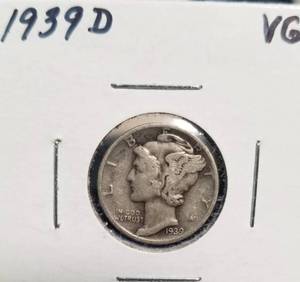 GROUP OF 5 US MERCURY DIMES 1939 1939D 1943 1944 1944D