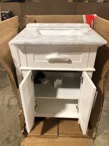 lot 18 image: Home Decorators Collection Sonoma 24 in. W x 20 in. D x 34 in. H Bath Vanity in White with White Carrara Marble Top damaged sink review pictures