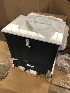 lot 32 image: Home Decorators Collection Merryfield 31 in. W x 22 in. D x 35 in. H Bathroom Vanity in Antigua Green with Carrara White Marble Top- damaged top review pictures