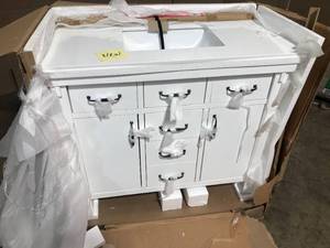 lot 38 image: Home Decorators Collection Bellington 42 in. W x 22 in. D x 34.5 in. H Bath Vanity in White with White Engineered Stone Top in good condition